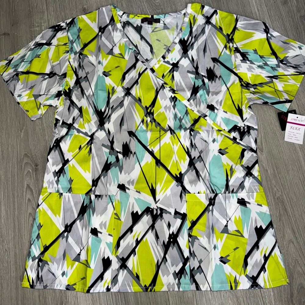 Flex Women Stretch Mock Wrap Scrub Top Geometric Abstract Lime Grey Med 35P/110
